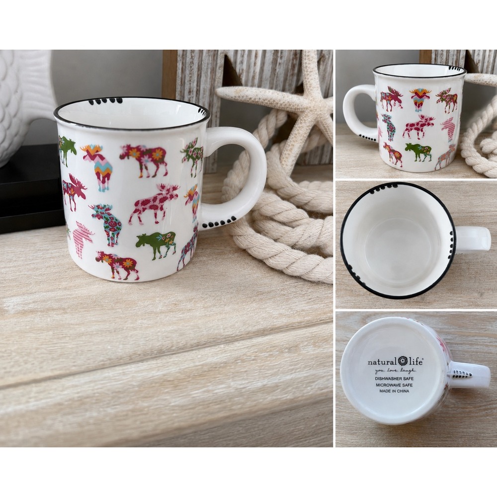 Little Blue House Colorful Moose Ceramic Mug Floral Boho Cabin Coffee Cup